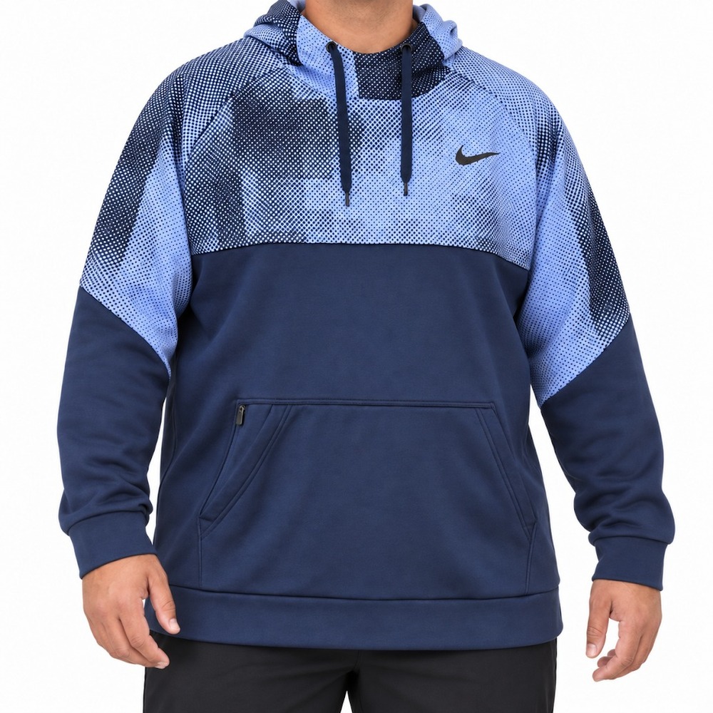 Nike Dri Fit Hoodie Men 3XL Blue Fleece Pullover Geometric Swoosh Pocket Running